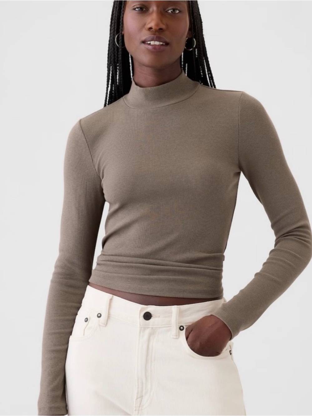 Gap Modern Tee Mock Neck Long Sleeve Ribbed Top -Brown